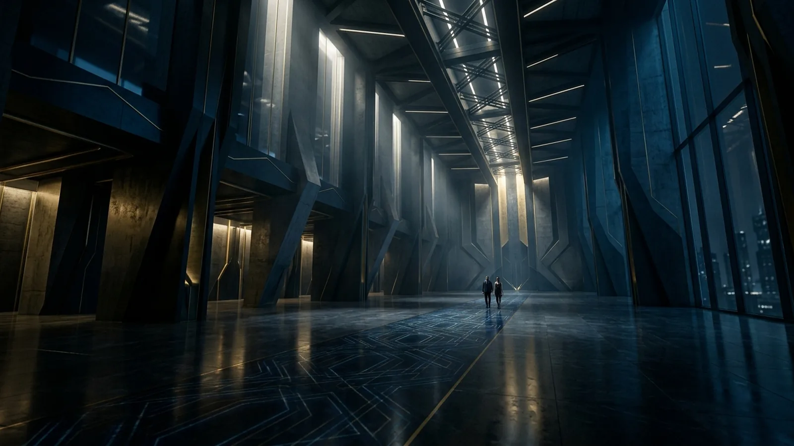 Dark futuristic spatial environment